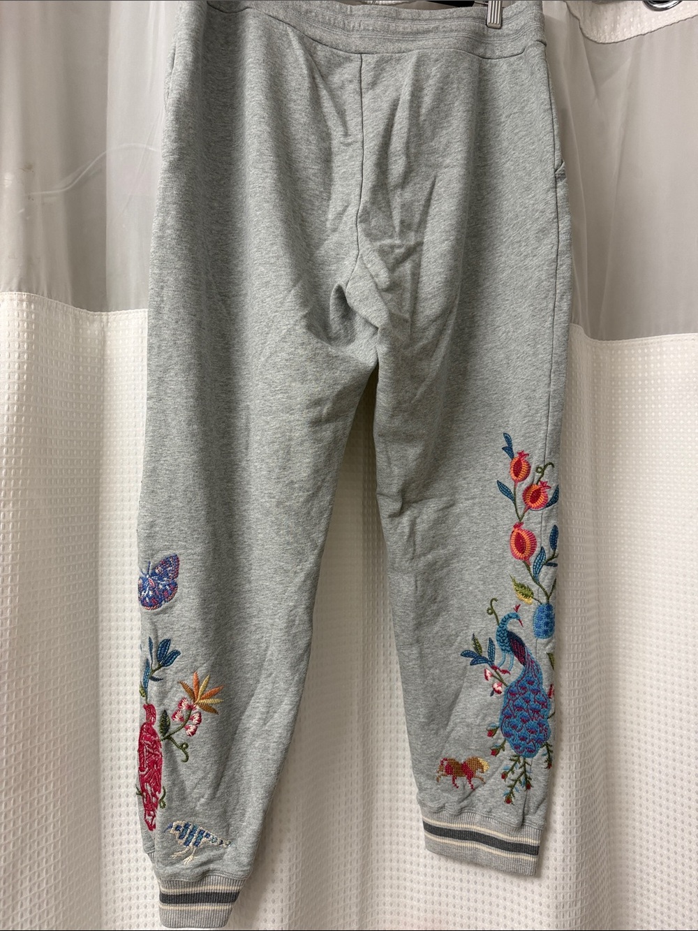 Johnny Was Gray Embroidered Sweatpants with Colorful Floral and Peacock Motif